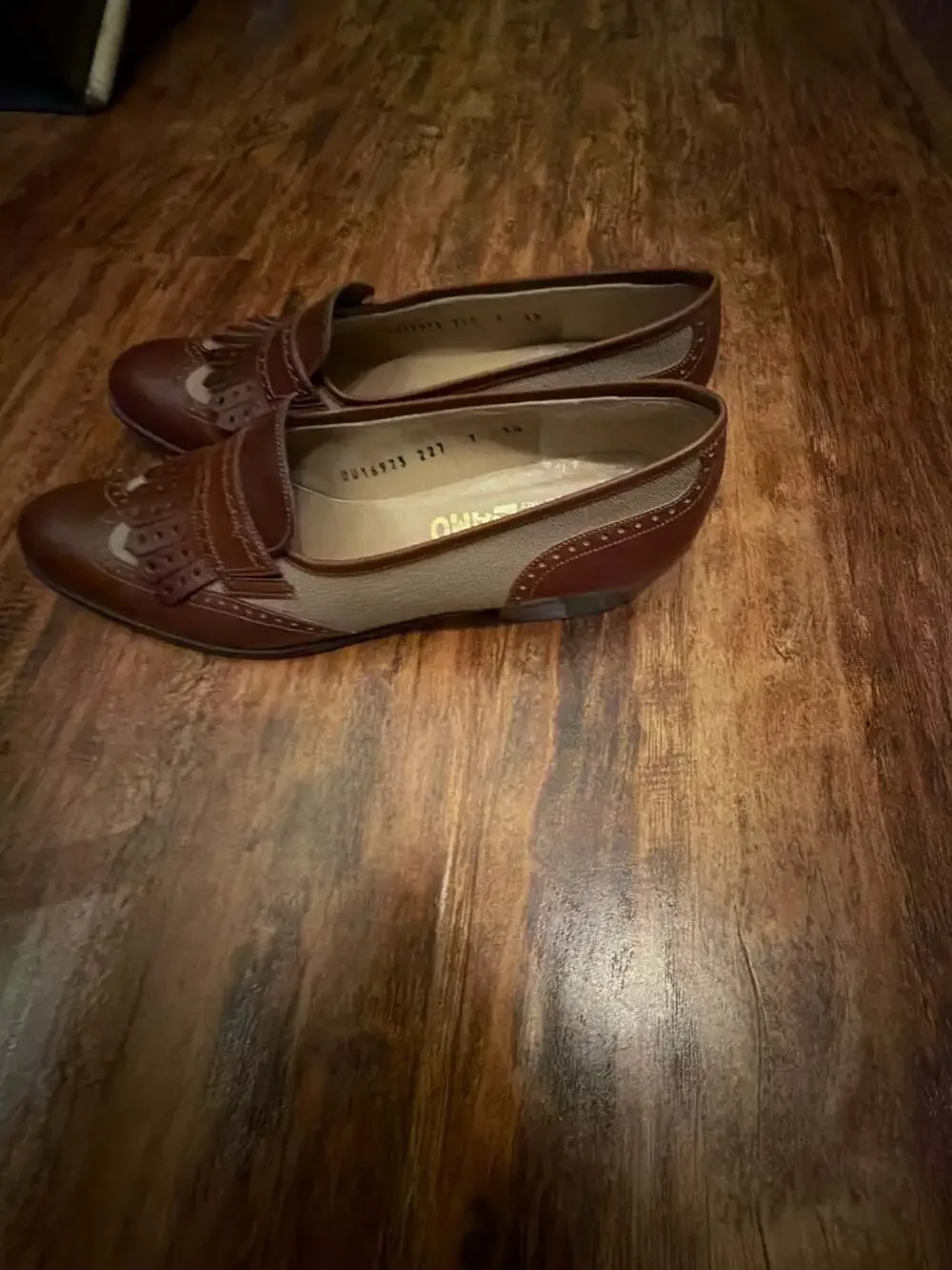 Salvatore Ferragamo Brown Leather and Canvas Kiltie Wingtip Loafers